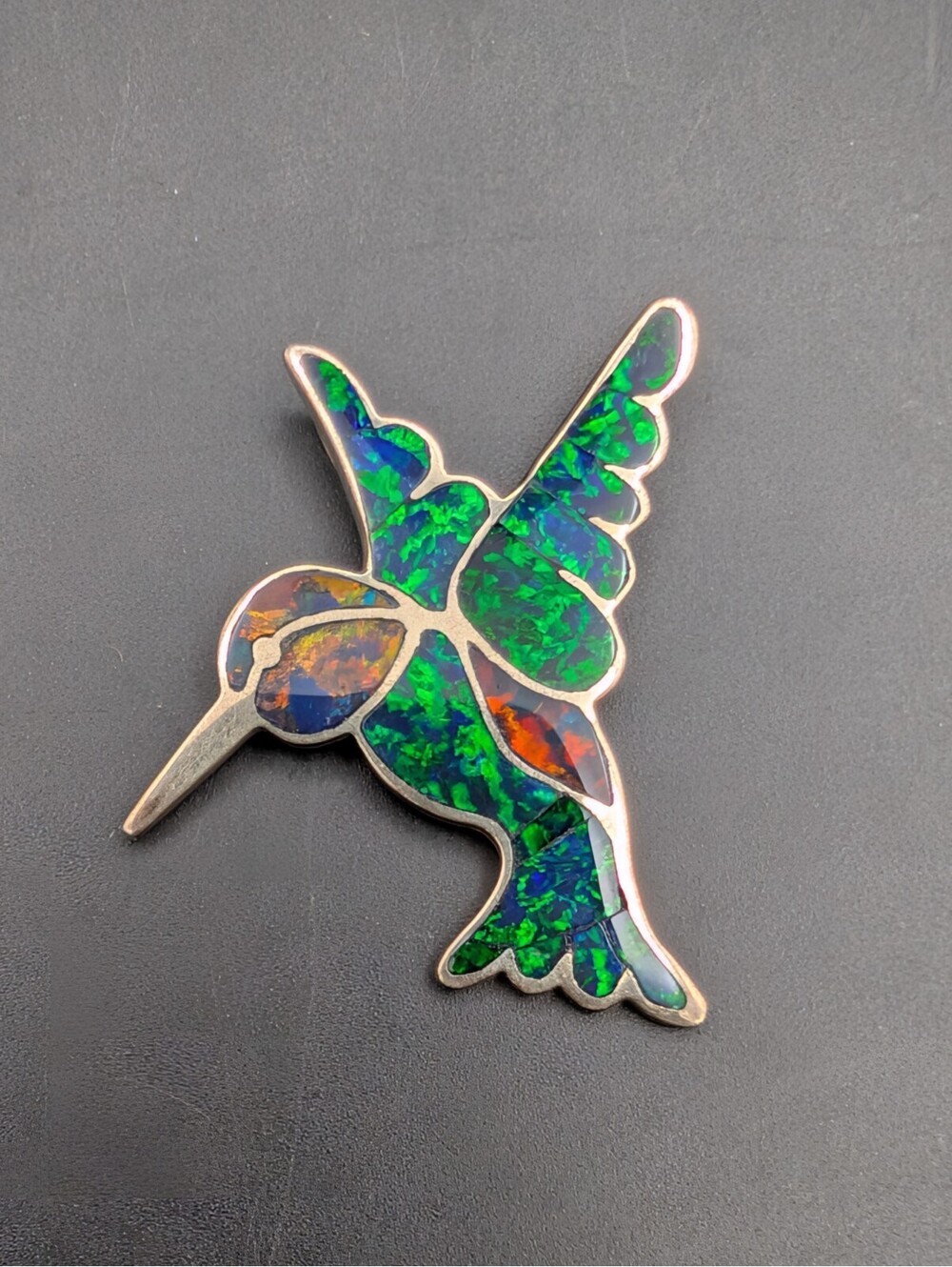 Vintage OPEX Sterling Silver Opal Inlay Hummingbird Pendant 925 Fire Opal Mosaic